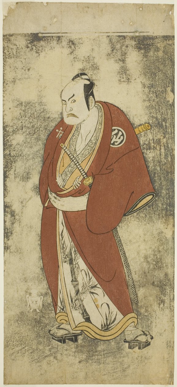 Aktor Nakamura Sukegoro II jako Kaminari Shokuro w Joruri „Gonin Otoko” (Pięciu Rycerskich Pospólników), grał jako jeden akt w Ayatsuri Kabuki Ogi (Opanowanie wachlarza w Kabuki), Wystawiony w Teatrze Nakamura od dwudziestego dnia Siódmy autorstwa Katsukawa Shunsho