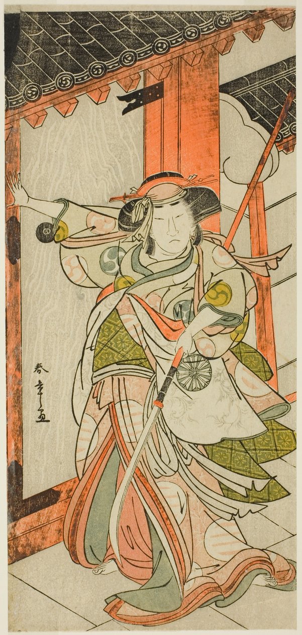 Aktor Nakamura Tomijuro I jako Hangaku Gozen wyłamujący bramę w sztuce Wada-gassen Onna Maizuru (Konflikt Wada: Kobiece "Maizuru"), wystawianej w teatrze Nakamura od dwudziestego piątego dnia siódmego miesiąca 1777 r. autorstwa Katsukawa Shunsho