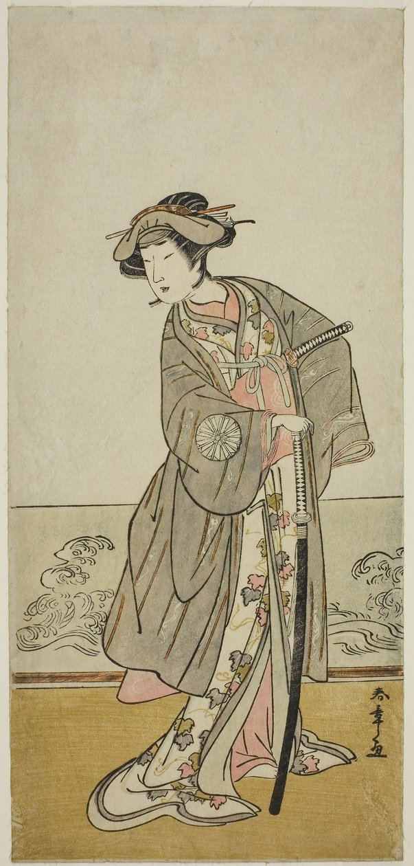 Aktor Nakamura Tomijuro I jako Lady Hangaku (Hangaku Gozen) w przedstawieniu Wada-gassen Onna Maizuru, wystawionym w teatrze Nakamura w siódmym miesiącu, ok. 1777 (kolorowy drzeworyt; hosoban) autorstwa Katsukawa Shunsho