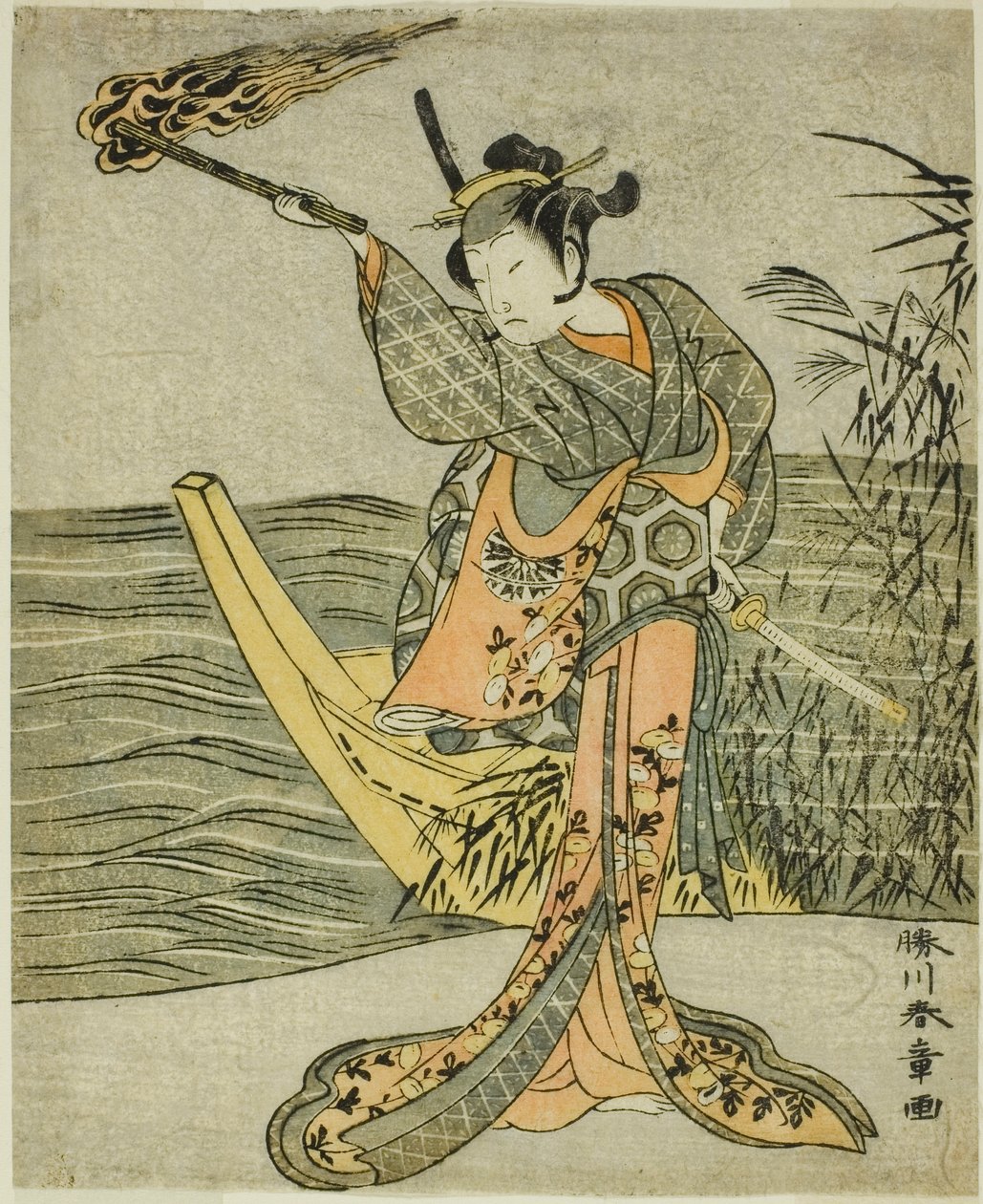 Aktor Nakamura Tomijuro I jako Nagoya Osan w sztuce Fuki Kaete Tsuki mo Yoshiwara (Dach kryty strzechą: Księżyc również świeci nad dzielnicą przyjemności Yoshiwara), wystawionej w Teatrze Morita w jedenastym miesiącu 1771 autorstwa Katsukawa Shunsho