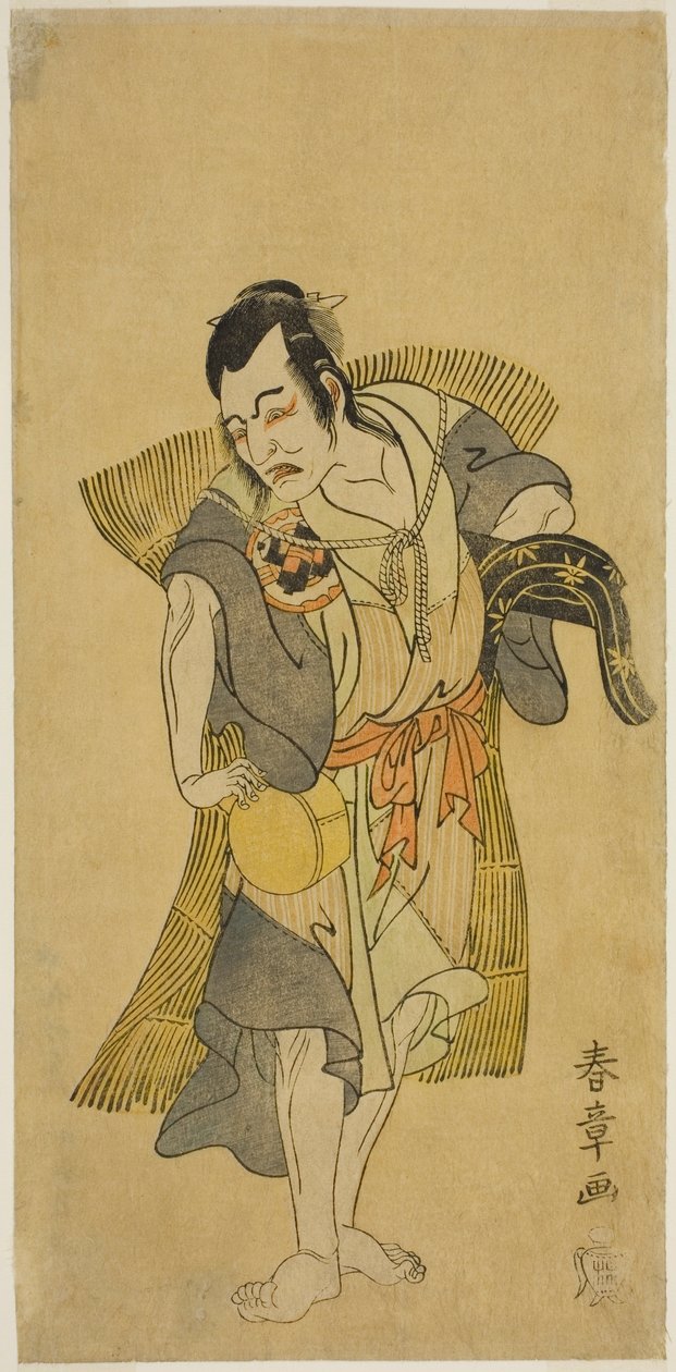 Aktor Nakamura Utaemon I jako Kudo Suketsune przebrany za żebraka w sztuce Soga Moyo Aigo no Wakamatsu, wystawionej w Teatrze Nakamura w pierwszym miesiącu 1769 autorstwa Katsukawa Shunsho