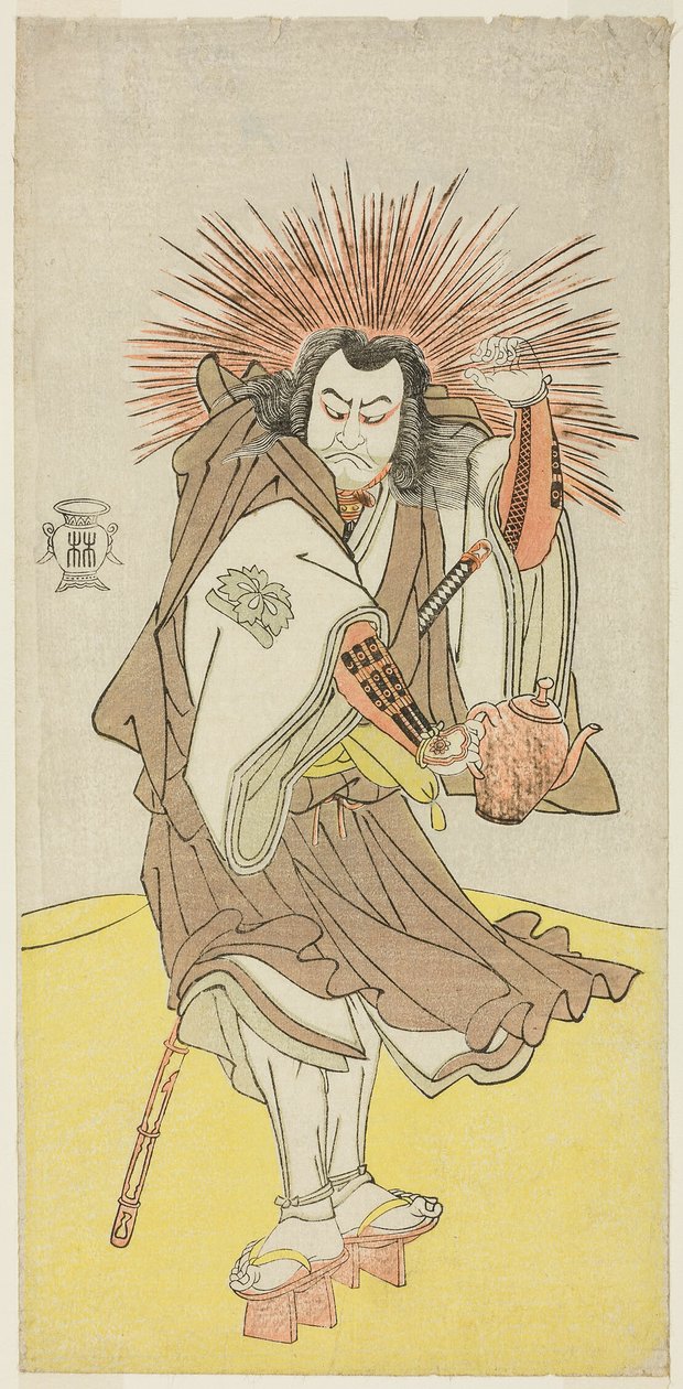Aktor Nakayama Kojuro VI jako Osada no Taro Kagemune (w rzeczywistości Hatcho Tsubute no Kiheiji), w przebraniu latarnika ze świątyni Gion, w akcie trzecim części pierwszej sztuki Yukimotsu Take Furisode Genji (Bambus pokryty śniegiem: Genji w długich ręka autorstwa Katsukawa Shunsho