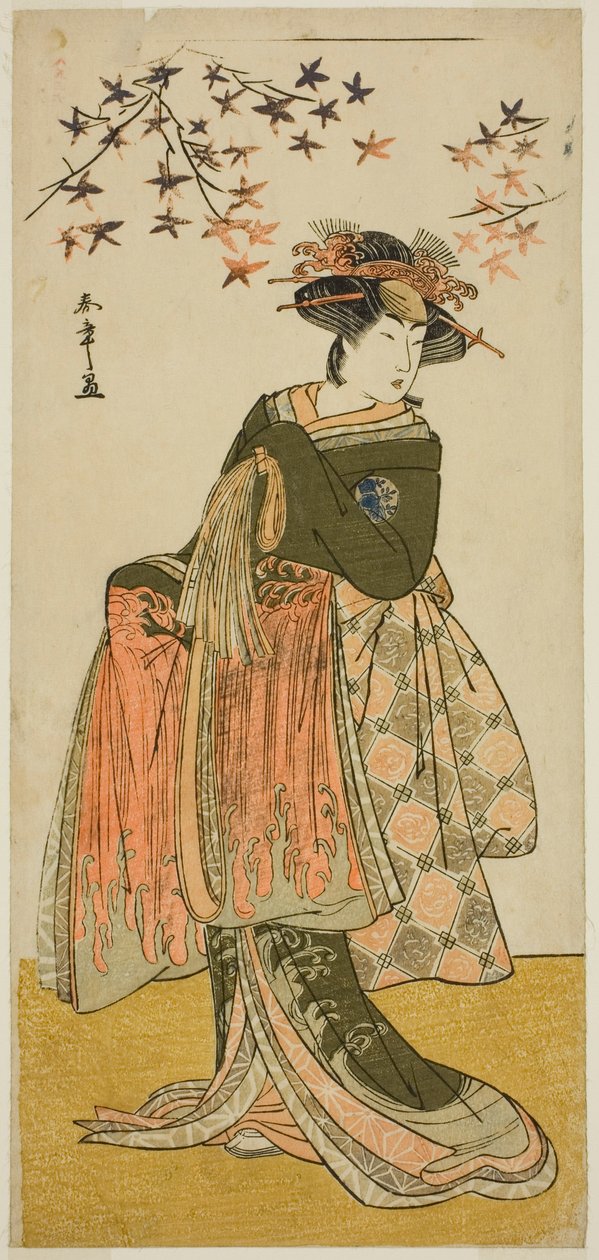 Aktor Nakayama Tomisaburo I jako gejsza Yukino (czy Oyuki?) w sztuce Kabuki no Hana Bandai Soga, wystawionej w Teatrze Ichimura w czwartym miesiącu 1781 r. autorstwa Katsukawa Shunsho
