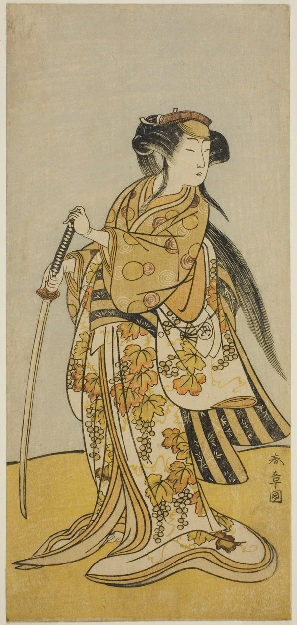 Aktor Onoe Tamizo I jako Kureha (?) w sztuce Shusse Taiheiki (?), wystawiony w Teatrze Nakamura (?) w ósmym miesiącu 1775 (?) autorstwa Katsukawa Shunsho