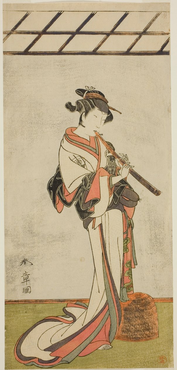 Aktor Onoe Tamizo I jako Oiso no Tora lub Kewaizaka no Shosho, przebrany za kobietę Komusu (?), w sztuce Yui Kanoko Date-zome Soga (?), wystawiony w Teatrze Ichimura (?) w pierwszym miesiącu, 1774 (?) autorstwa Katsukawa Shunsho
