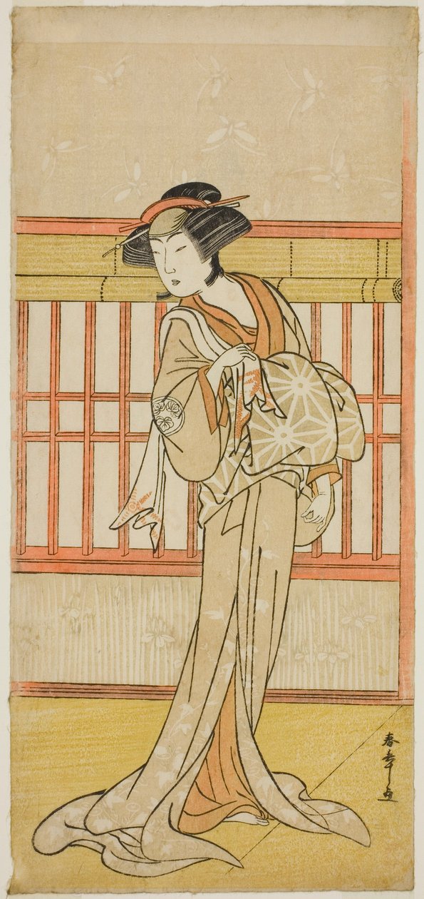 Aktor Osagawa Tsuneyo II jako kurtyzana Miyagino (?) w sztuce Go Taiheiki Shiraishi-banashi (?), wystawionej w Teatrze Morita w czwartym miesiącu 1780 (?) autorstwa Katsukawa Shunsho