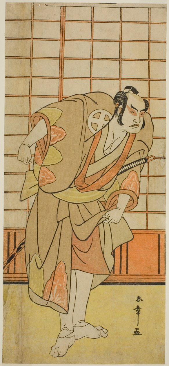 Aktor Otani Hiroji III jako Hata no Daizen Taketora przebrany za Shikishimę Wakahei w sztuce Juni-hitoe Komachi-zakura, wystawionej w teatrze Kiri w jedenastym miesiącu 1784 r. autorstwa Katsukawa Shunsho