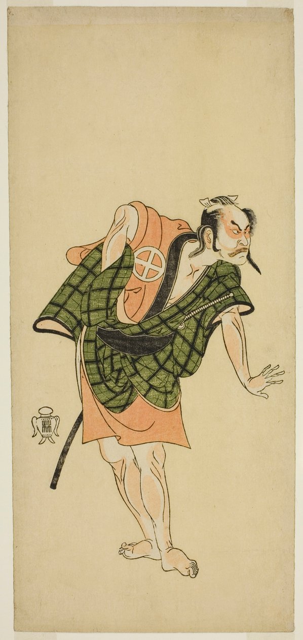 Aktor Otani Hiroji III jako Onio Shinzaemon (?) w sztuce Bunshin Sugatami Soga (?), Wystawiony w Teatrze Morita (?) w drugim miesiącu, 1765 (?) autorstwa Katsukawa Shunsho