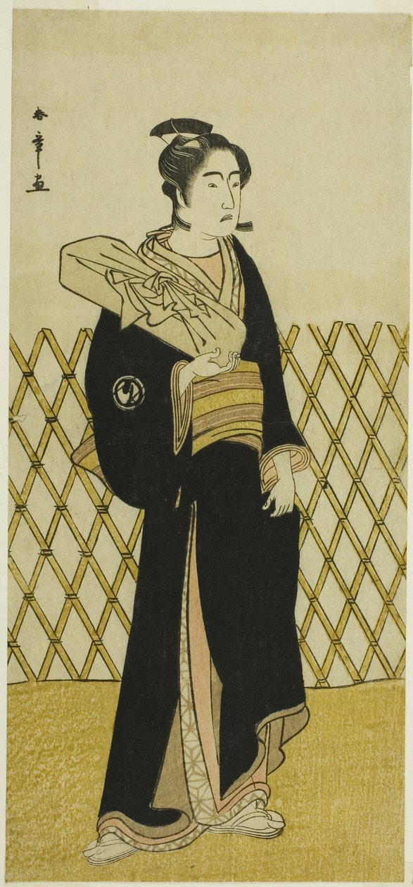 Aktor Sawamura Sojuro III jako fryzjer Jirokichi w sztuce Shida Choja-bashira, wystawionej w Teatrze Nakamura w ósmym miesiącu, 1781 autorstwa Katsukawa Shunsho