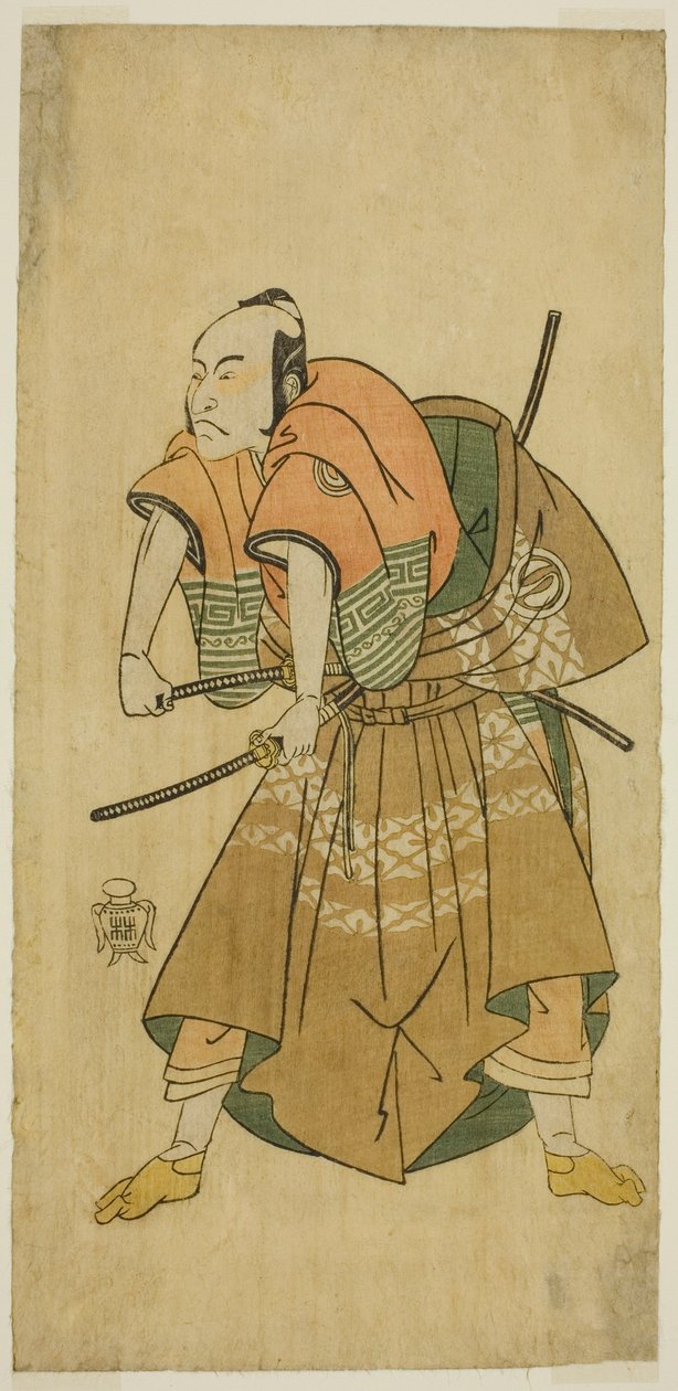 Sawamura Sojuro II jako Omi no Kotoda (?) w sztuce Shuen Soga Omugaeshi (?), wystawionej w Teatrze Ichimura (?) w drugim miesiącu 1768 (?) autorstwa Katsukawa Shunsho