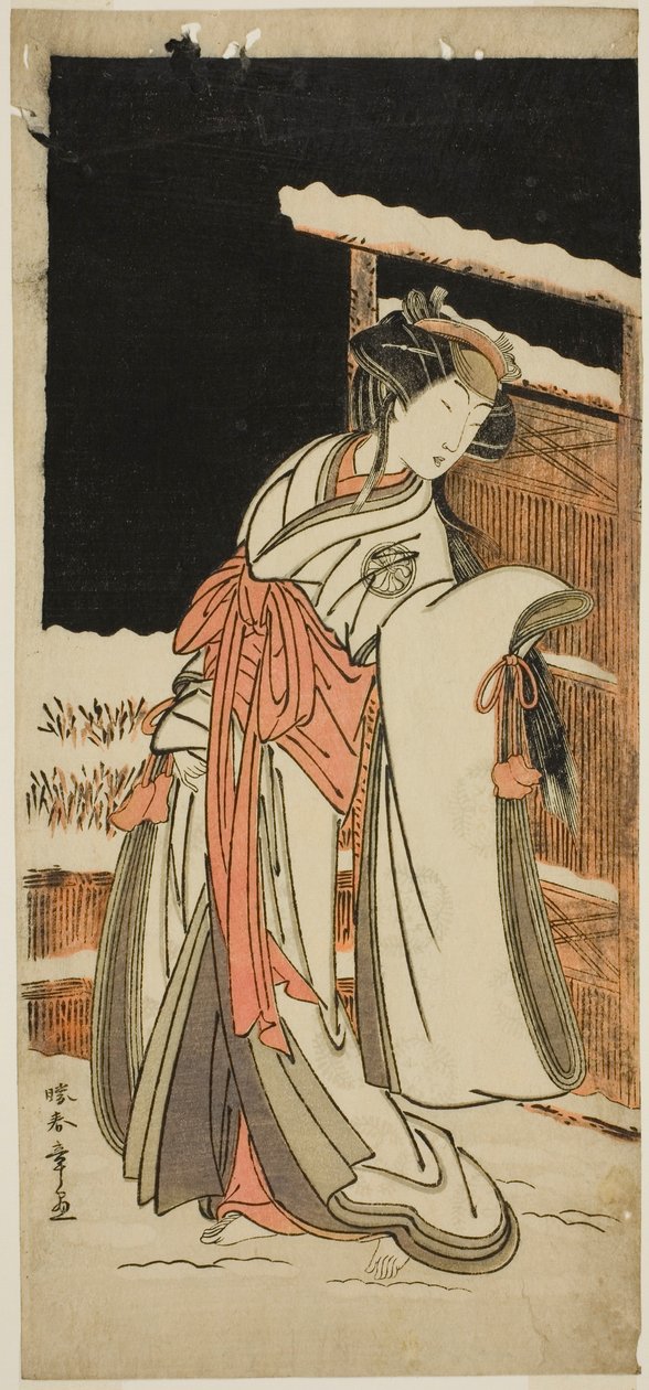 Aktor Segawa Kikunojo III jako Lady Shizuka (Shizkua Gozen) przebrana za Tamazusa w sztuce Chigo Torii Tobiiri Kitsune, wystawionej w Teatrze Ichimura w jedenastym miesiącu 1777 autorstwa Katsukawa Shunsho