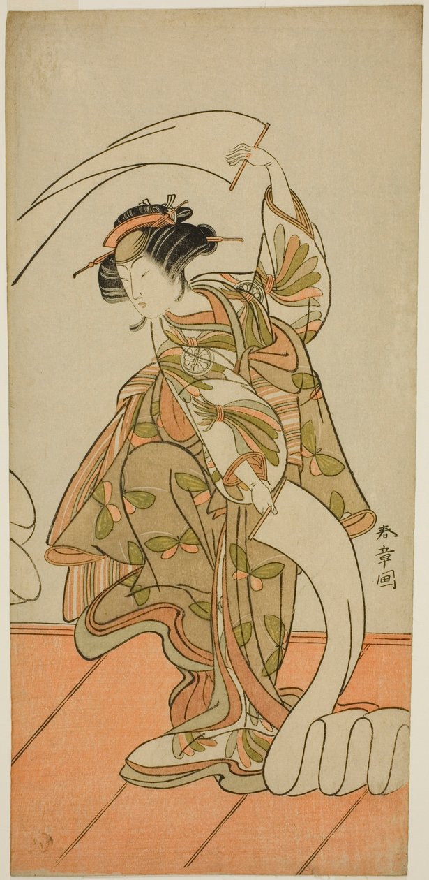 Aktor Segawa Kikunojo III jako kurtyzana Kisegawa w tańcu „Nuno Sarashi” w sztuce Hana-zumo Genji Hiiki, wystawiony w Teatrze Nakamura w jedenastym miesiącu, 1775 autorstwa Katsukawa Shunsho
