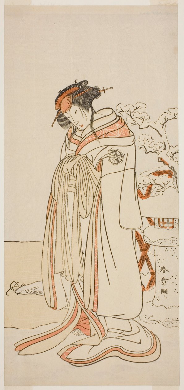 Aktor Segawa Kikunojo III jako Kurtyzana Kisewata (Tagasode) (?) w sztuce Hana-zumo Genji Hiiki (?), wystawionej w Teatrze Nakamura (?) w jedenastym miesiącu 1775 (?) autorstwa Katsukawa Shunsho