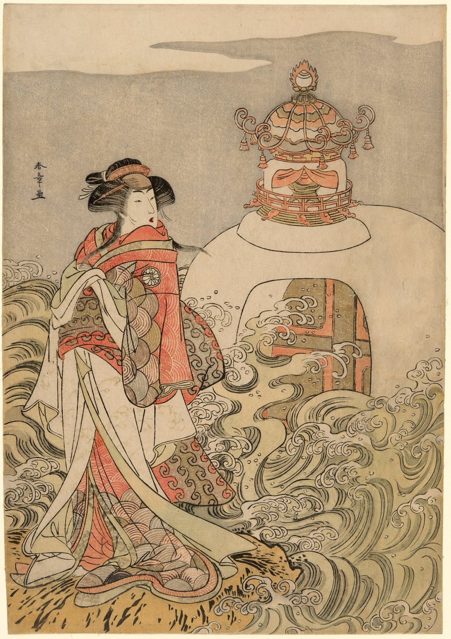 Aktor Segawa Kikunojo III jako smocza księżniczka w sztuce Saki Masuya Ume no Kachidoki, wystawionej w teatrze Ichimura w jedenastym miesiącu, 1778 autorstwa Katsukawa Shunsho