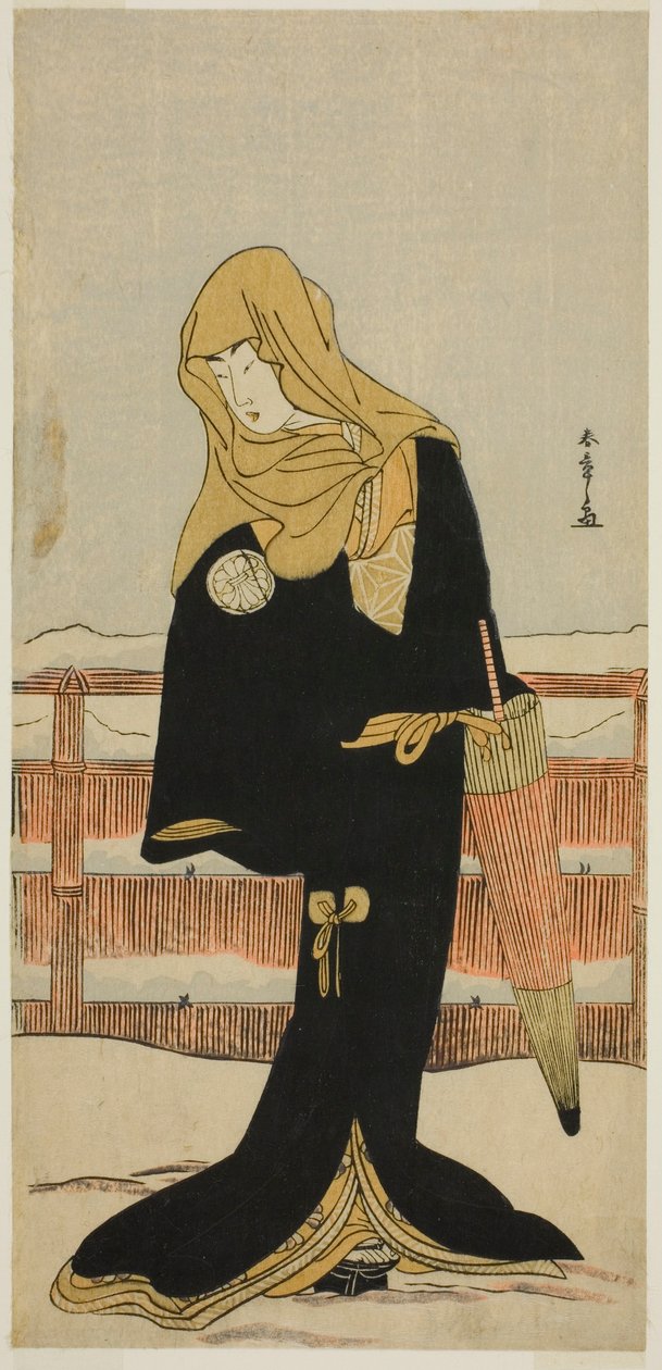 Aktor Segawa Kikunojo III jako Dama Czekająca Suho Przebrana za Tsunokuniya Tsuna w sztuce Shitenno Tonoi no Kisewata, wystawionej w Teatrze Nakamura w jedenastym miesiącu, 1781 autorstwa Katsukawa Shunsho