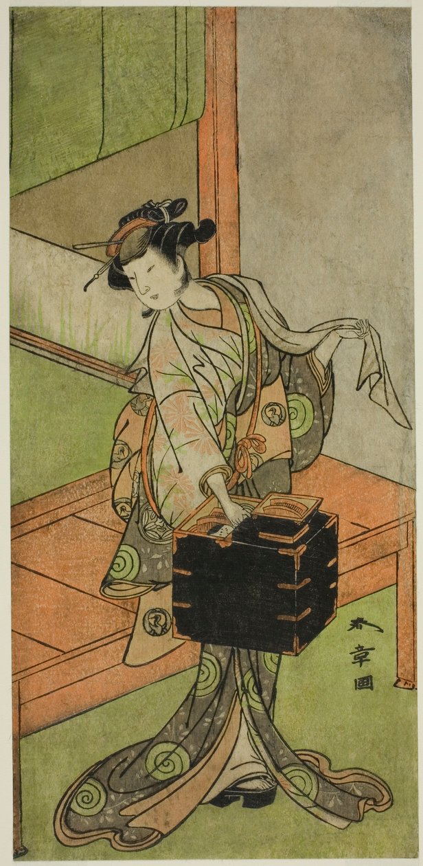 Aktor Yamashita Kinsaku II jako Miyagino przebrany za fryzjera w sztuce Kosode-gura no Tekubari, wystawionej w Teatrze Morita w drugim miesiącu, 1772 (?) autorstwa Katsukawa Shunsho