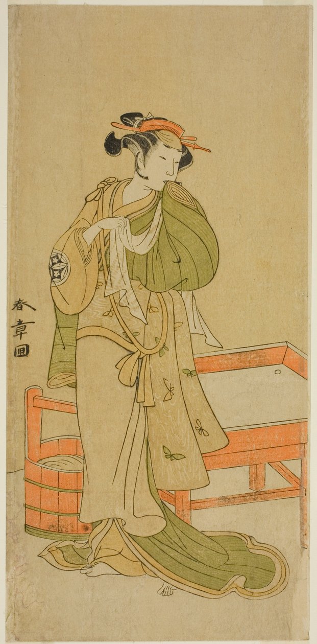 Aktor Yamashita Kinsaku II jako Moshio w sztuce Izu-goyomi Shibai no Ganjitsu, wystawionej w Teatrze Morita w jedenastym miesiącu, 1772 autorstwa Katsukawa Shunsho