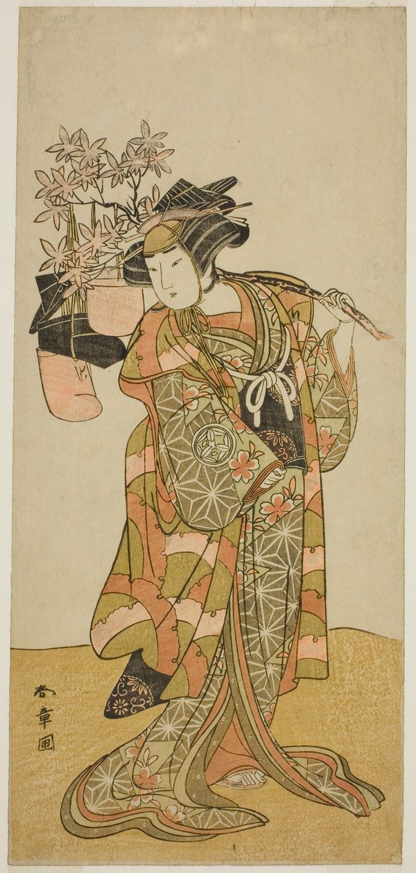 Aktor Yamashita Kinsaku II jako Odai, sprzedawca Eboshi (kapeluszy) w sztuce Hana-zumo Genji Hiiki, wystawiony w Teatrze Nakamura w jedenastym miesiącu, 1775 autorstwa Katsukawa Shunsho