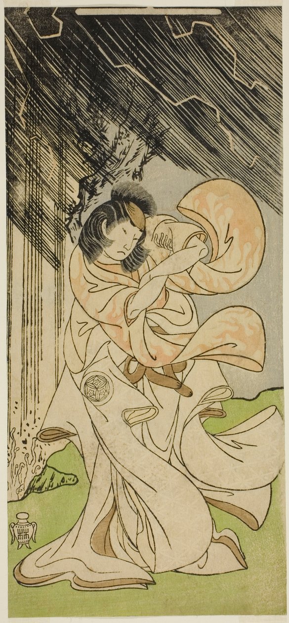 Aktor Yamashita Kinsaku II jako bogini piorunów w sztuce Onna Narukami, wystawionej w Teatrze Morita w pierwszym miesiącu 1770 autorstwa Katsukawa Shunsho