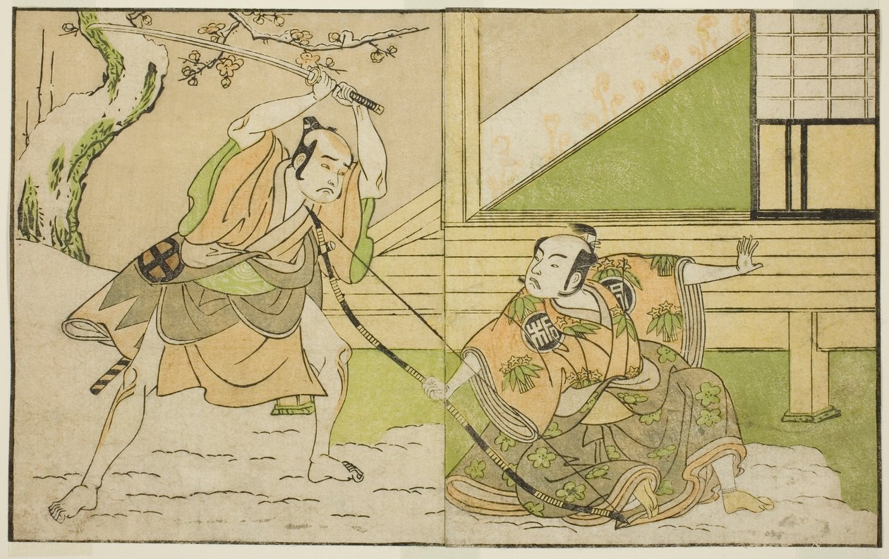 Aktorzy Arashi Sangoro II jako Hojo Tokiyori (po prawej) i Otani Hiroji III jako Koga Saburo (po lewej), w sztuce Kono Hana Yotsugi no Hachi no Ki, wystawionej w Teatrze Ichimura w jedenastym miesiącu 1771 autorstwa Katsukawa Shunsho