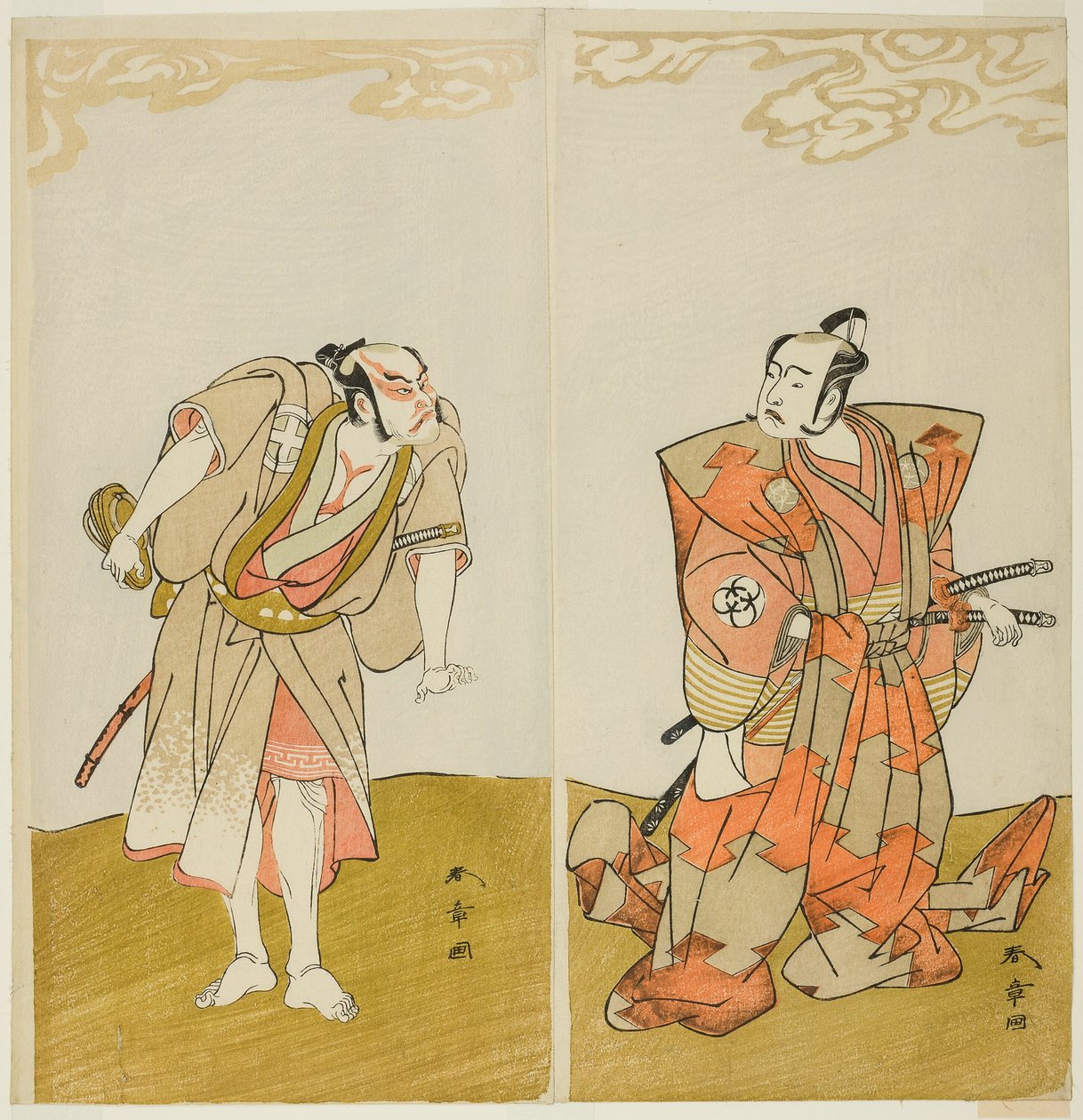 Aktorzy Bando Mitsugoro I jako Hata no Kawakatsu (po prawej) i Otani Hiroemon III jako sługa (Yakko) Gansuke (po lewej), w sztuce Miya-bashira Iwao no Butai (Filary świątyni na kamiennej podstawie), w wykonaniu Morita Teatr z XV Dnia t autorstwa Katsukawa Shunsho