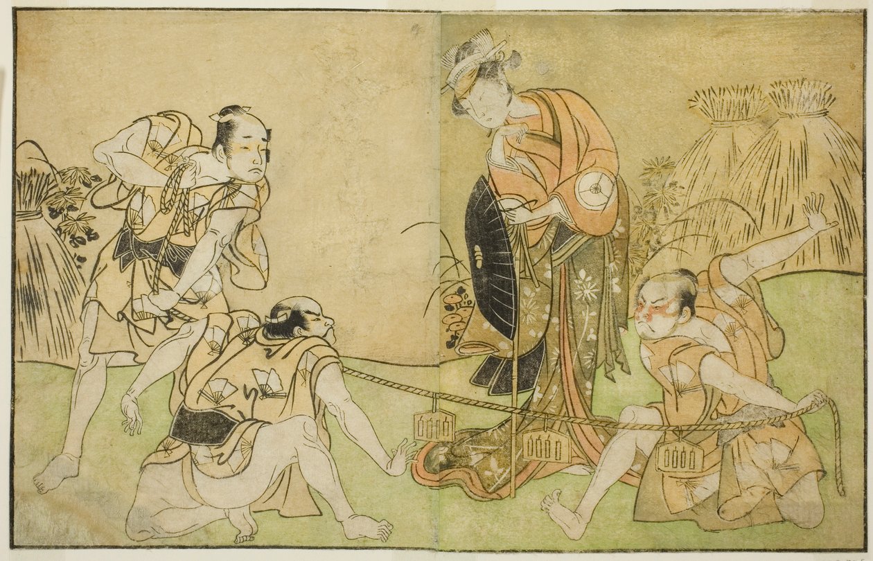 Aktorzy Bando Zenji I jako Nagahashi Saburo, Iwai Hanshiro IV jako Otatsu-gitsune, Nakamura Konozo jako Hagai Ujitsune oraz niezidentyfikowany aktor (od prawej do lewej) w sztuce Nue no Mori Ichiyo no Mato, wystawionej w Teatrze Nakamura w Jedenasty Miesią autorstwa Katsukawa Shunsho