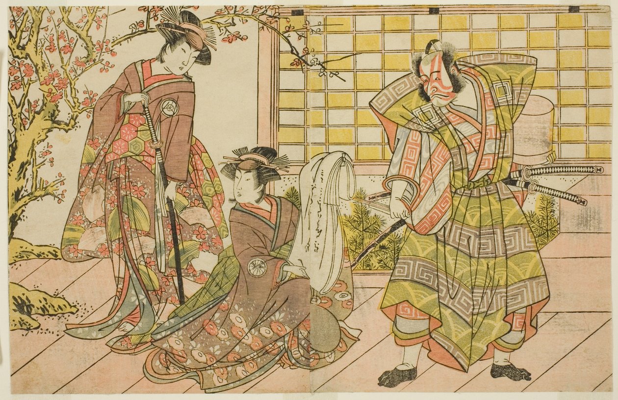Aktorzy Ichikawa Danjuro V jako Miura Kunitae (po prawej), Segawa Kikunojo III jako Yasukata (w środku) i Iwai Hanshiro IV jako Utou (po lewej), w sztuce Godai Genji Mitsugi no Furisode, zagranej w Teatrze Nakamura w jedenastym miesiącu, 1782 autorstwa Katsukawa Shunsho