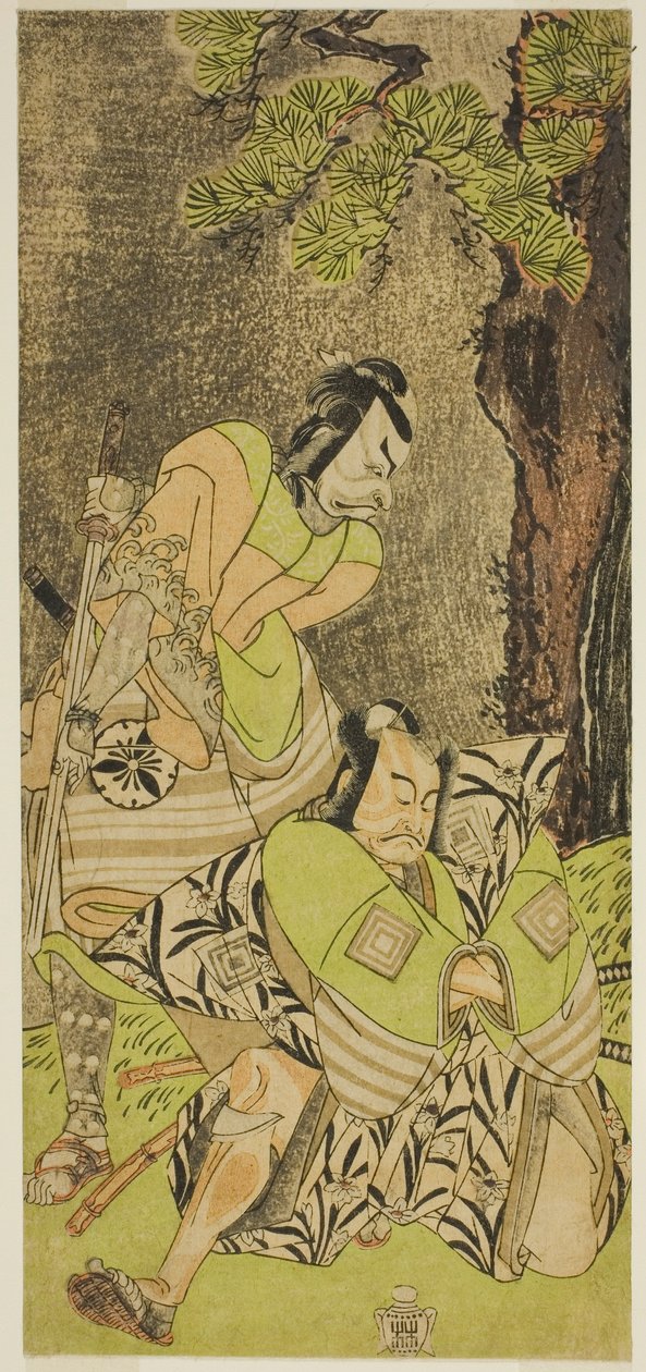 Aktorzy Ichikawa Danzo III jako I no Hayata Tadazumi (po prawej) i Matsumoto Koshiro II jako Osada no Taro Kagemune (po lewej), w sztuce Nue no Mori Ichiyo no Mato, wystawionej w Teatrze Nakamura w jedenastym miesiącu 1770 autorstwa Katsukawa Shunsho