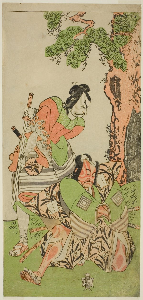 Aktorzy Ichikawa Danzo III jako I no Hayata Tadazumi (po prawej) i Matsumoto Koshiro II jako Osada no Taro Kagemune w przebraniu Yatsurugiego Zaemona (po lewej), w sztuce Nue no Mori Ichiyo no Mato, wystawionej w Teatrze Nakamura w jedenastym miesiącu , 17 autorstwa Katsukawa Shunsho