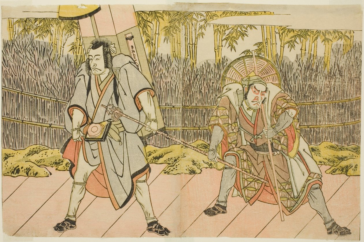 Aktorzy Ichikawa Danzo IV jako Arakawa Taro Takesada w przebraniu Tarobei noszącego palankinę (po prawej) i Ichikawa Danjuro V jako Abe no Sadato w przebraniu Pielgrzyma Kuriyagawa Jirodayu (po lewej), w sztuce Godai Genji Mitsugi no Furisode, grane na autorstwa Katsukawa Shunsho