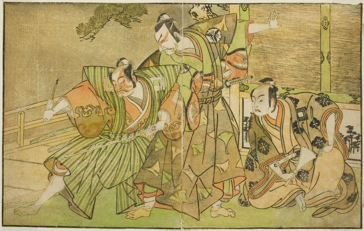 Aktorzy Ichikawa Komazo II jako Minamoto no Yorimasa (po prawej), Matsumoto Koshiro II jako Osada no Taro Kagemune w przebraniu Yatsurugiego Zaemona (w środku) i Ichikawa Danzo III jako ja no Hayata Tadazumi (po lewej), W sztuce Nue no Mori Ichiyo no Mato, autorstwa Katsukawa Shunsho