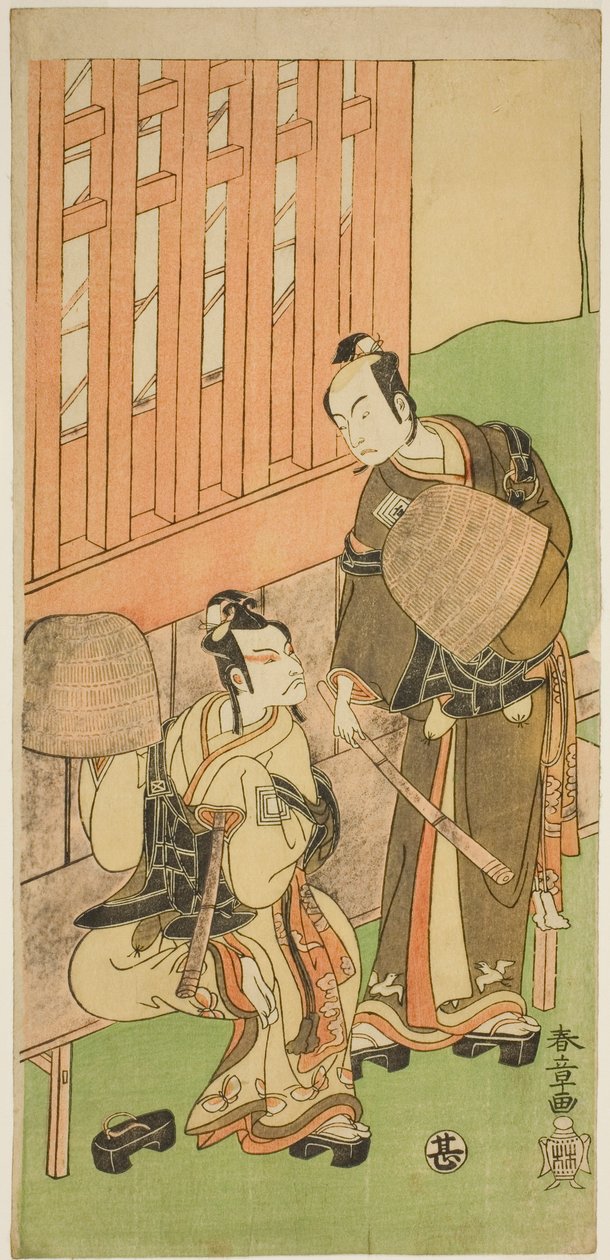 Aktorzy Ichikawa Komazo II jako Soga no Juro Sukenari (po prawej) i Ichikawa Danjuro V jako Soga no Goro Tokimune (po lewej), w strojach Komuso, w sztuce Sakaicho Soga Nendaiki, wystawionej w Teatrze Nakamura w pierwszym miesiącu, 1771 autorstwa Katsukawa Shunsho