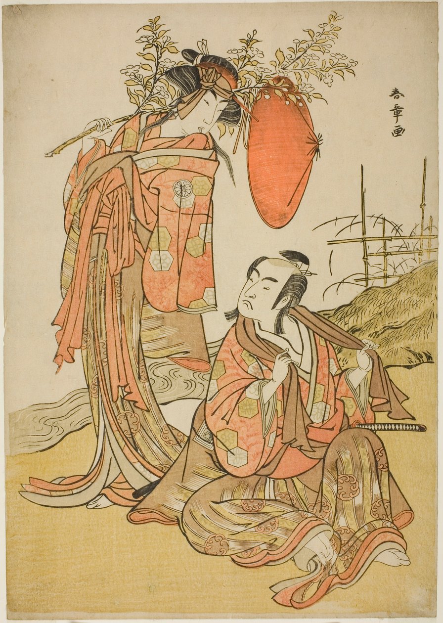 Aktorzy Ichikawa Monnosuke II i Segawa Kikunojo III jako Kochankowie Seijuro (po prawej) i Onatsu (po lewej), w Scenie Ucieczki „Michiyuki Hiyoku no Kiku-cho” (Uciekinier: Chryzantema i Motyle Nierozłączki), przerywnik taneczny z Część druga Plai autorstwa Katsukawa Shunsho