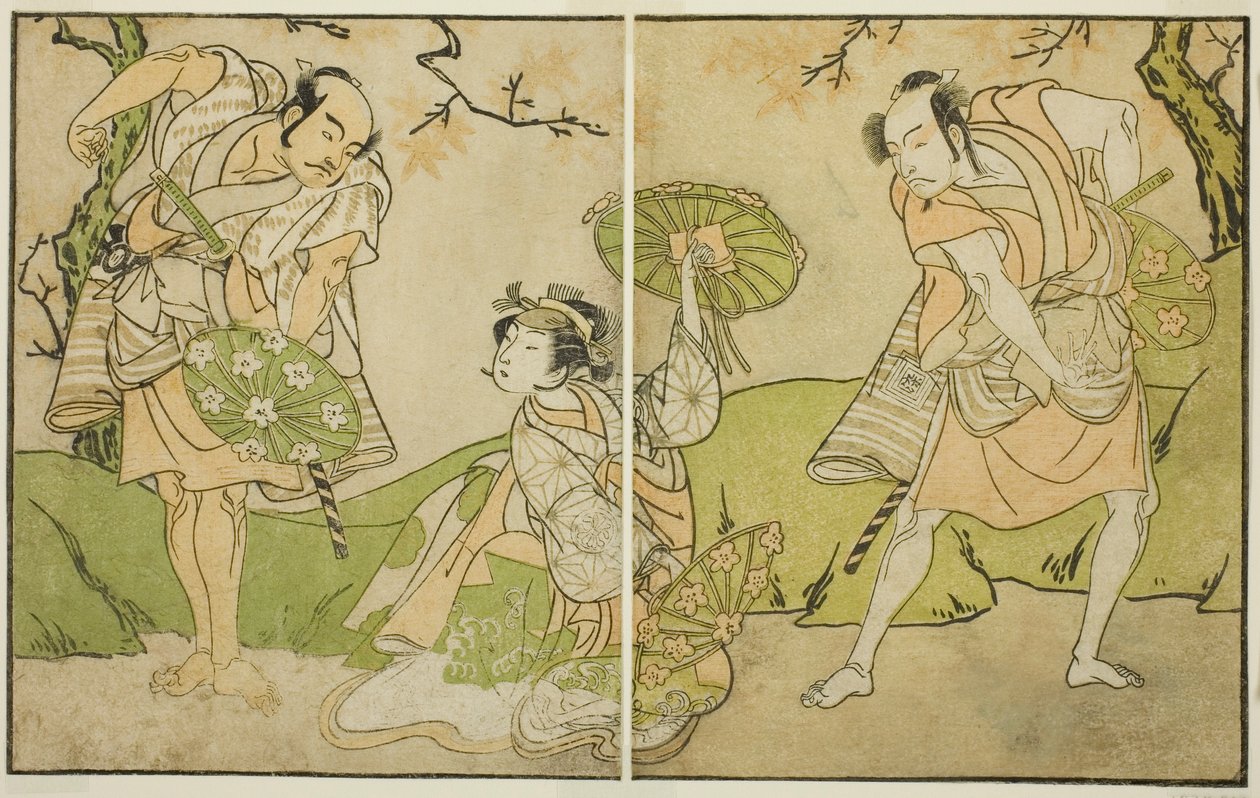 Aktorzy Ichikawa Somegoro (po prawej), Segawa Kikunojo II (w środku) i Bando Sampachi (po lewej), w Niezidentyfikowanych rolach w sztuce Myoto-giku Izu no Kisewata, wystawione w Teatrze Ichimura w jedenastym miesiącu 1770 autorstwa Katsukawa Shunsho