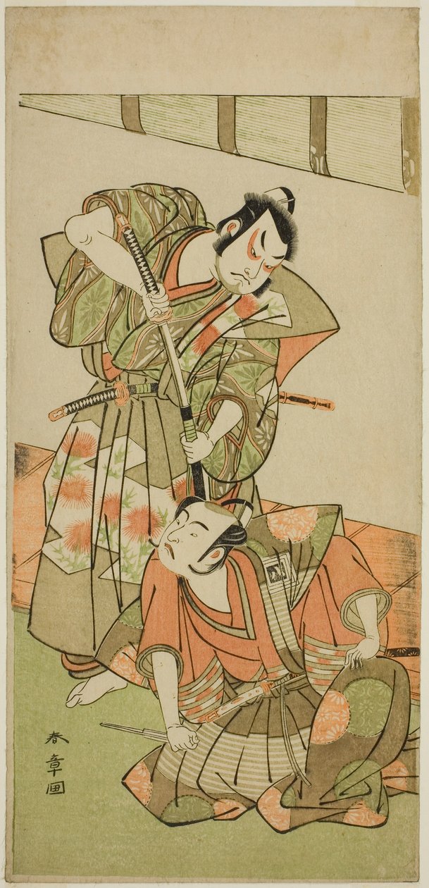 Aktorzy Ichikawa Yaozo II jako Konoshita Hyokichi (?) (po prawej) i Sakata Hangoro II jako Matsunaga Daizen Hisahide (?) (po lewej), w sztuce Gion Sairei Shinko Ki (?), wystawionej w Teatrze Ichimura (?) w piąty miesiąc, 1775 (?) autorstwa Katsukawa Shunsho