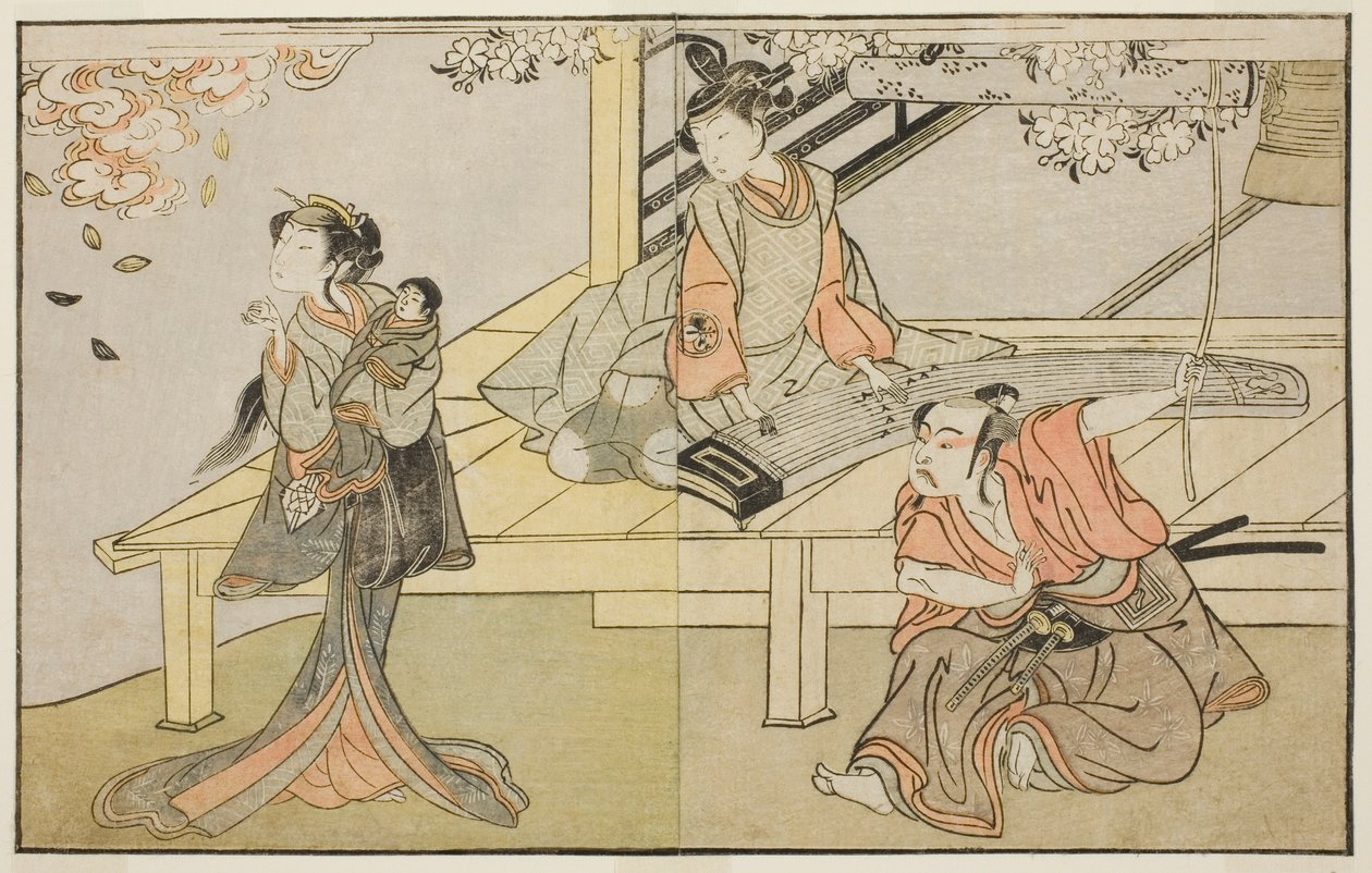 Aktorzy Ichikawa Yaozo II jako Yoshimine no Munesada (po prawej), Yoshizawa Sakinosuke III jako Shizuya (w środku) i Nakamura Matsue I jako Sakuragi (po lewej), w sztuce Kuni no Hana Ono no Itsumoji, wystawionej w Teatrze Nakamura w XI Miesiąc, 1771 autorstwa Katsukawa Shunsho