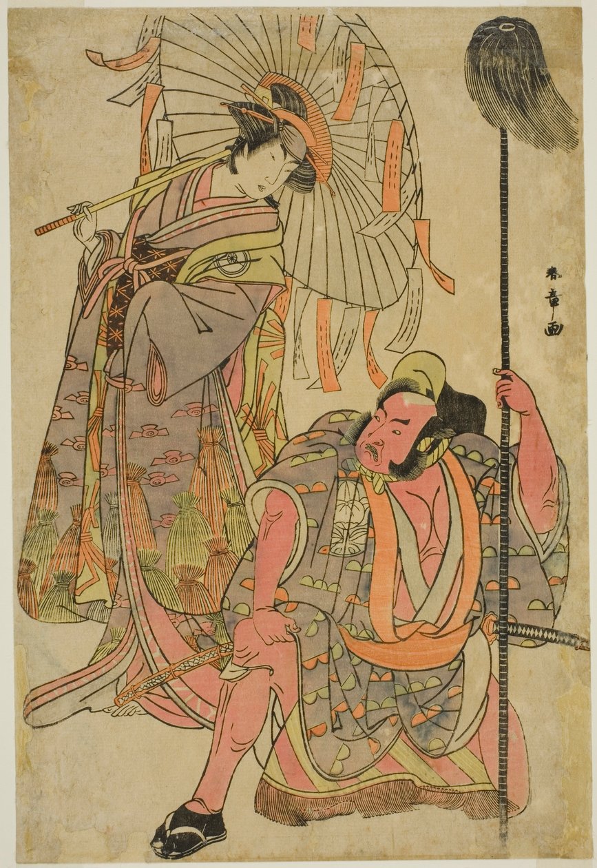 Aktorzy Ichimura Uzaemon IX jako Hata no Daizen Taketora przebrany za Yakko Matahei (po prawej) i Iwai Hanshiro IV jako Umegae przebrany za wróżbitę wierszy Omatsu (po lewej) w sztuce Mukashi Otoko Yuki no Hinagata, wystawione w teatrze Ichimura w t autorstwa Katsukawa Shunsho