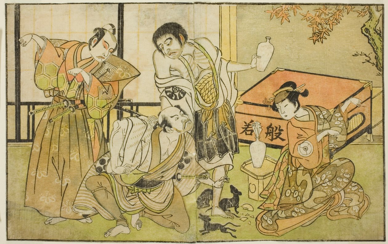 Aktorzy Iwai Hanshiro IV jako Otatsu-gitsune, Nakamura Nakazo I jako Raigo Ajari, Sakata Tojuro III jako Kamada Gon-no-kami Masayori i Ichikawa Yaozo II jako Sakon-gitsune (od prawej do lewej), w sztuce „Nue no Mori Ichiyo no Mato” wystąpił w Nakamura T autorstwa Katsukawa Shunsho