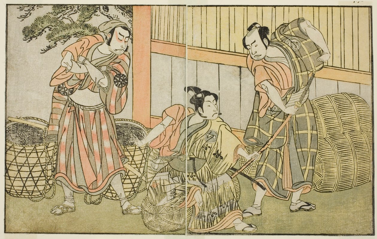 Aktorzy Kasaya Matakuro II jako Hagun Taro (po prawej), Ichikawa Monnosuke II jako Izutsu no Suke Narihira (w środku) i Nakamura Nakazo I jako Kose no Kanaoka przebrany za Sogoro Wytwórca węgla drzewnego w sztuce Kuni no Hana Ono no Itsumoji, Wystąpiono w  autorstwa Katsukawa Shunsho