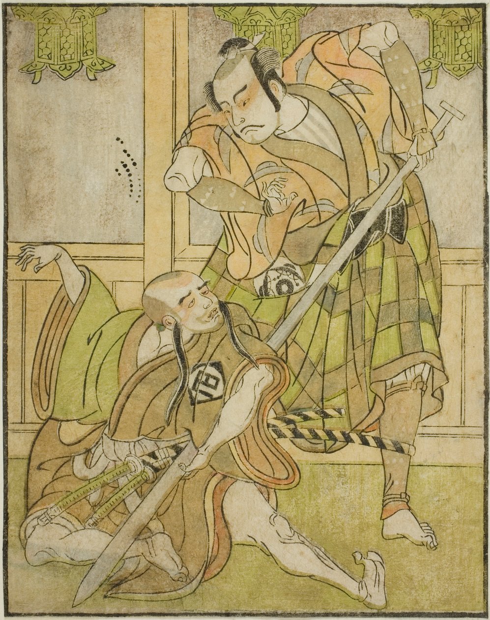 Kasaya Matakuro II jako Nobuyori przebrany za Yakko Gunnai (po prawej) i Miyazaki Hachizo jako świecki mnich Hambyo Nyudo (po lewej), w sztuce Nue no Mori Ichiyo no Mato, wystawionej w Teatrze Nakamura w jedenastym miesiącu, autorstwa Katsukawa Shunsho