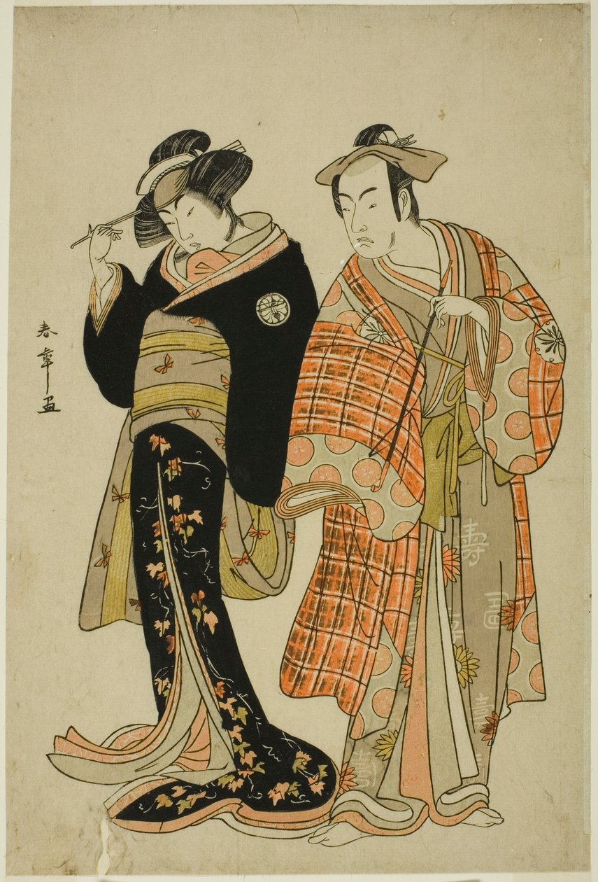 Aktorzy Matsumoto Koshiro IV i Segawa Kikunojo III jako Kochankowie Choemon (po prawej) i Ohan (po lewej), w Scenie Ucieczki „Michiyuki Segawa no Adanami” (Ucieczka: Zdradzieckie fale w płytkiej rzece), przerywnik taneczny z części drugiej sztuki autorstwa Katsukawa Shunsho