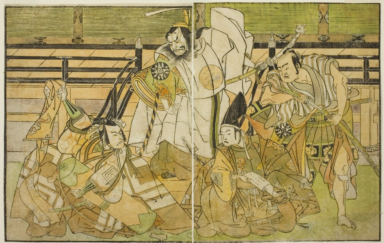 Aktorzy Nakamura Denkuro II jako Seno-o Taro, Ichikawa Komazo II jako Yorimasa, Nakamura Nakazo I jako Taira no Kiyomori oraz Ichikawa Danjuro V jako Kiou Takiguchi (od prawej do lewej) w Play Nue no Mori Ichiyo no Mato Teatr Nakamura w autorstwa Katsukawa Shunsho