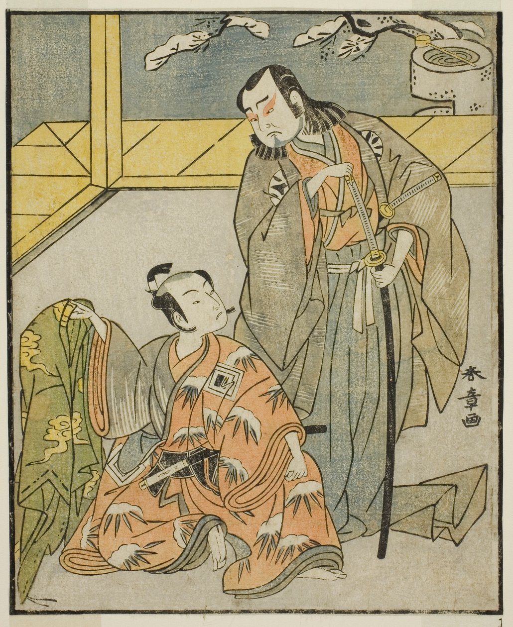 Aktorzy Nakamura Denkuro II jako Suma no Dairyo (po prawej) i Ichikawa Komazo II jako Ariwara no Yukihira (po lewej), w sztuce Kuni no Hana Ono no Itsumoji, wystawionej w Teatrze Nakamura w jedenastym miesiącu 1771 autorstwa Katsukawa Shunsho