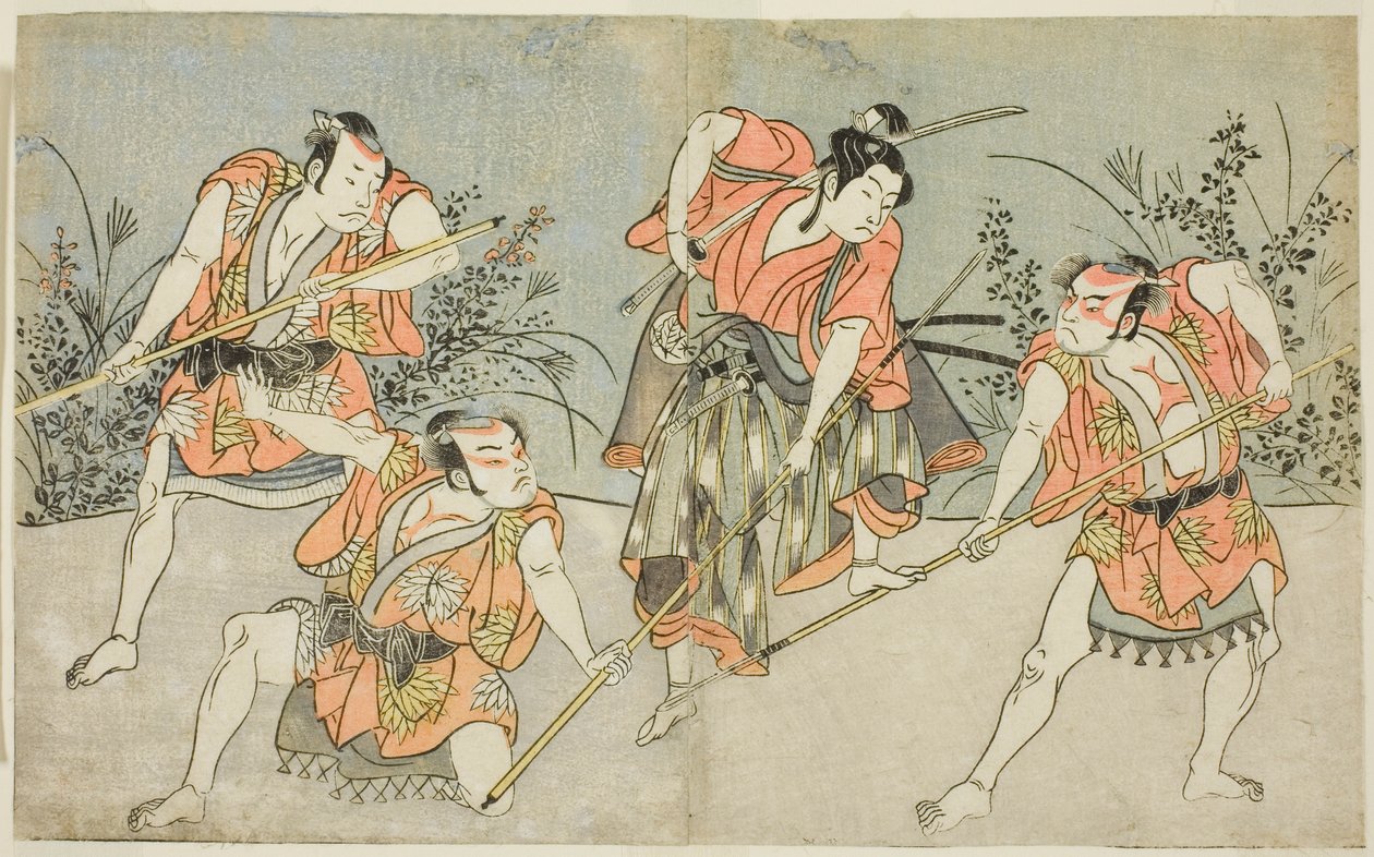 Aktorzy Nakamura Kashiwagi jako Wakashu (drugi od prawej) i Trzej niezidentyfikowani aktorzy jako Yakko autorstwa Katsukawa Shunsho