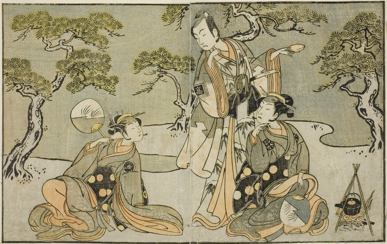 Aktorzy Nakamura Nakazo I jako Matsukaze (po prawej), Ichikawa Komazo II jako Ariwara no Yukihira (w środku) i Iwai Hanshiro IV jako Murasame (po lewej), w sztuce Kuni no Hana Ono no Itsumoji, wystawionej w Teatrze Nakamura w XI Miesiąc, 1771 autorstwa Katsukawa Shunsho