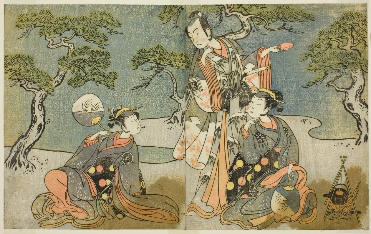 Aktorzy Nakamura Nakazo I jako Matsukaze (po prawej), Ichikawa Komazo II jako Ariwara no Yukihira (w środku) i Iwai Hanshiro IV jako Murasame (po lewej), w sztuce Kuni no Hana Ono no Itsumoji, wystawionej w Teatrze Nakamura w XI Miesiąc, 1771 autorstwa Katsukawa Shunsho