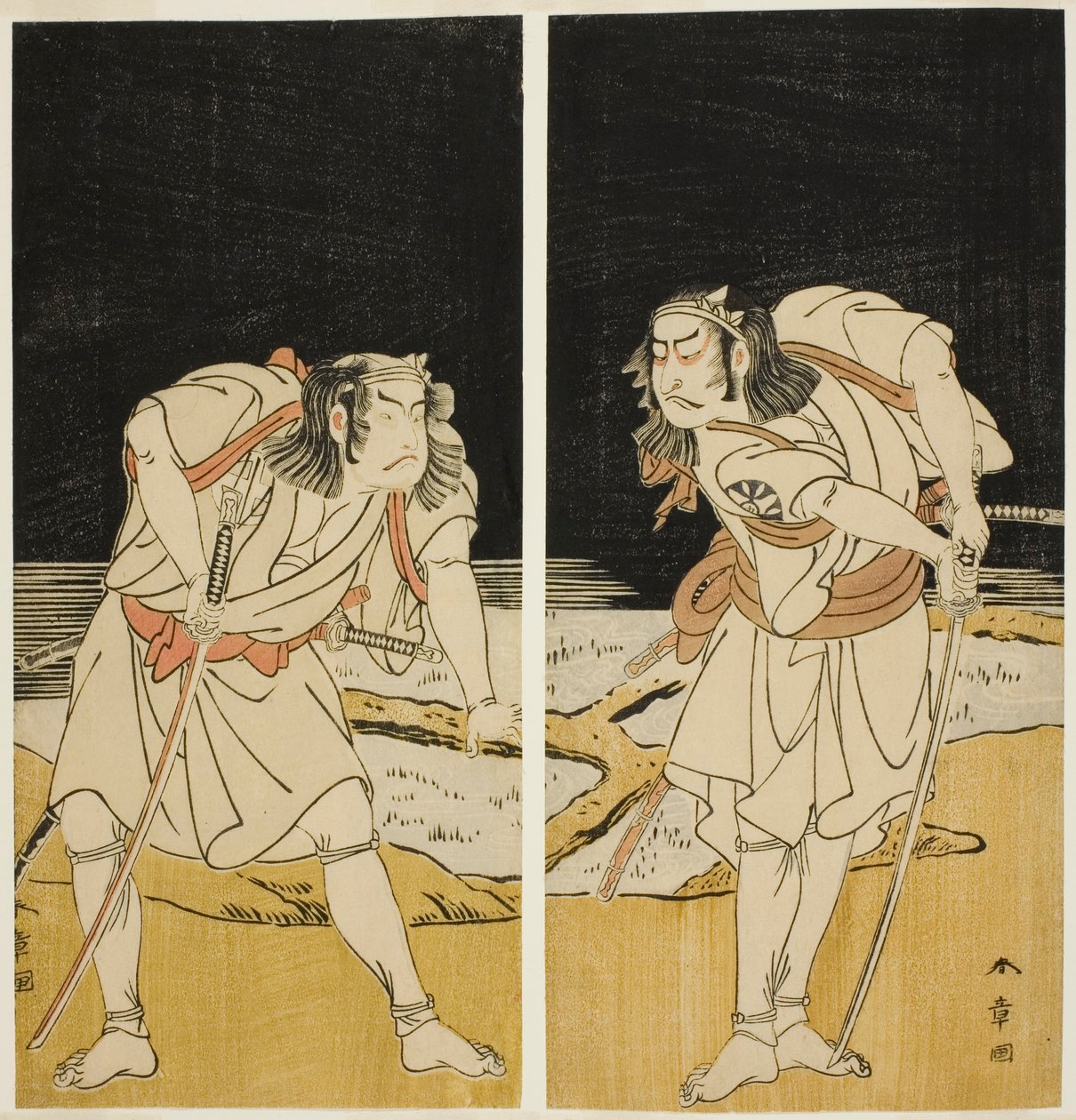 Aktorzy Nakamura Nakazo I jako Omi no Kotoda (po prawej) i Otani Hiroji III jako Bamba no Chuda (po lewej), w Joruri „Sono Chidori Yowa no Kamisuki” (Sieweczki: Czesanie włosów o północy), z części drugiej Zagraj w O-atsurae-zome Soga no Hinagata (A Soga P autorstwa Katsukawa Shunsho