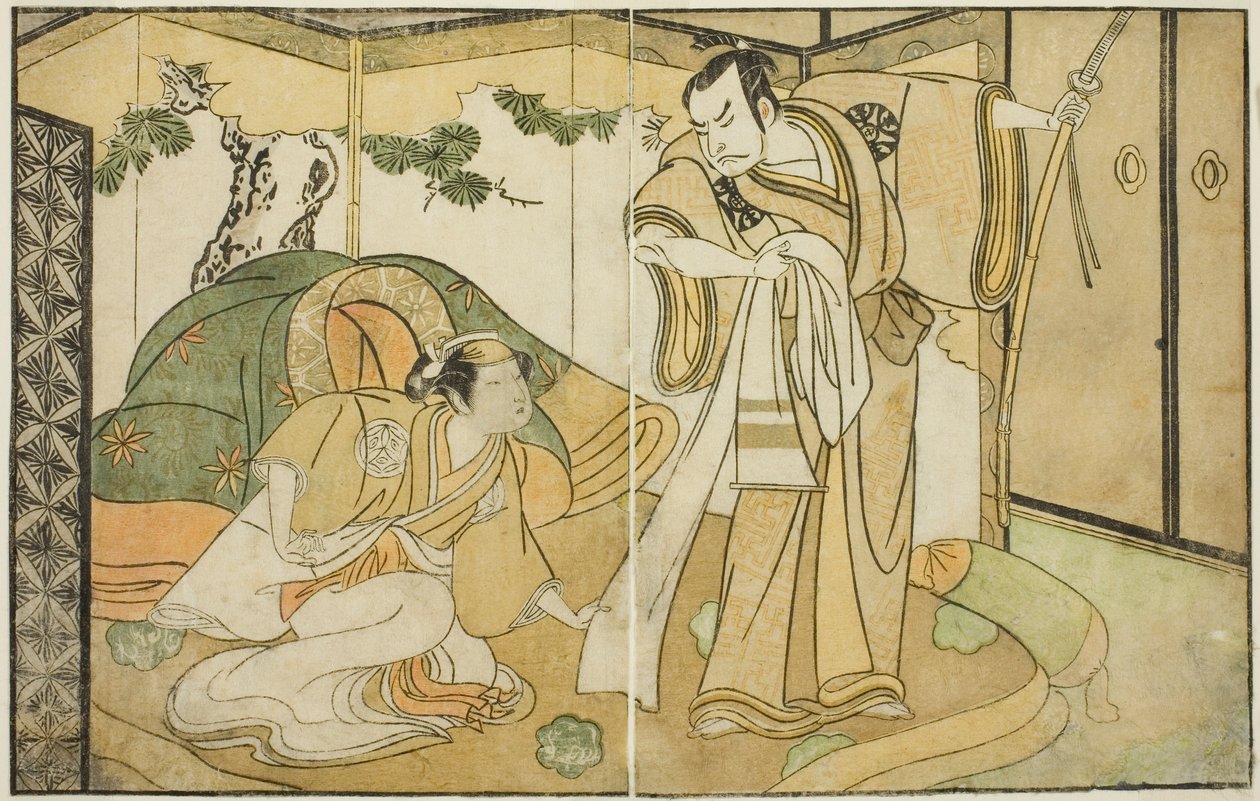 Aktorzy Nakamura Nakazo I jako Taira no Kiyomori (po prawej) i Yamashita Kinsaku II jako Tokiwa Gozen (po lewej), w sztuce Nue no Mori Ichiyo no Mato, wystawionej w Teatrze Nakamura w jedenastym miesiącu 1770 autorstwa Katsukawa Shunsho