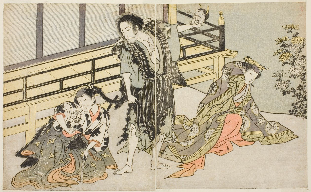 Aktorzy Nakamura Noshio I jako Nyosan no Miya (po prawej), Ichikawa Danjuro V jako Mnich-Renegat Yochin (w środku) i Yamashita Kinsaku II jako Pokojówka Mutsuhana (po lewej), w sztuce Fuki Kaete Tsukimo Yoshiwara, w Teatrze Morita w jedenastu autorstwa Katsukawa Shunsho