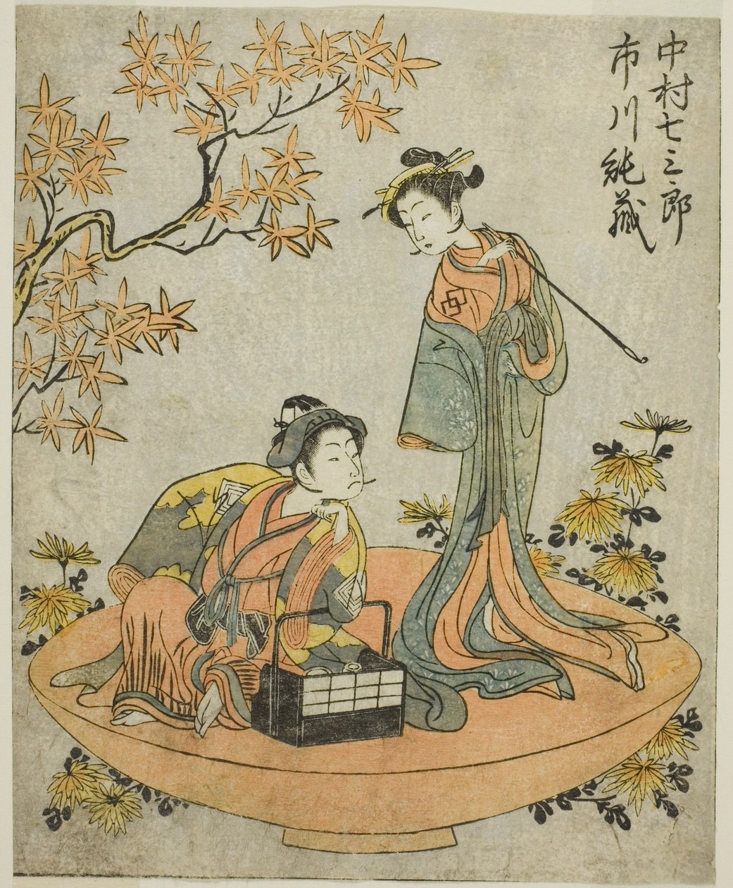 Aktorzy Nakamura Shichisaburo III (po prawej) i Ichikawa Junzo I (po lewej), w sztuce Nue no Mori Ichiyo no Mato, wystawionej w Teatrze Nakamura w jedenastym miesiącu 1770 autorstwa Katsukawa Shunsho